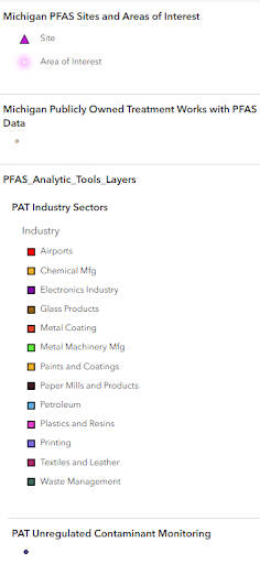 this is a legend for the Exposure Industries Map. It lists the facilities' label symbol color and meaning.